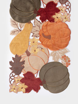 Дорожка настольная, 40х160 см, полиэстер, бежевая, Тыквы в листьях, Bright pumpkin