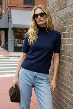 Lacivert Merserize Gorunumlu Premium Iplik/Ozel Iplik Basic Ince Triko Bluz TWOAW24BZ00005