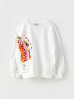 Bisiklet Yaka Bask?l? Uzun Kollu K?z ?ocuk Sweatshirt