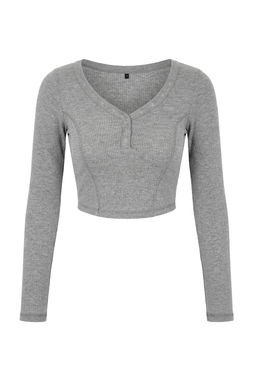 Gri Melanj Fitted/Vucuda Oturan V Yaka C?tc?tl? Crop Yumusak Orme Bluz TWOSS26BZ00056