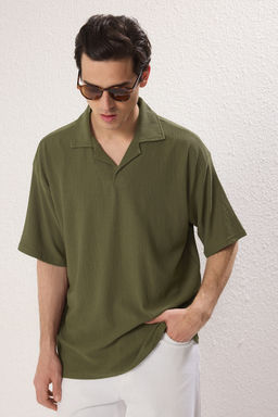 TRENDYOL MAN Haki Oversize/Genis Kesim Burumcuk Dokulu Premium Kalite Polo Yaka T-shirt TMNSS25PO00018 - Trendyolmilla фото 8