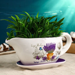 Горшок для цветов в форме кувшина «Агнес: лаванда» керамический, с поддоном, 1.1 л, 25×11×11 см, бело-фиолетовый