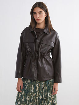 G?mlek Yaka Kad?n Deri G?r?n?ml? Ceket