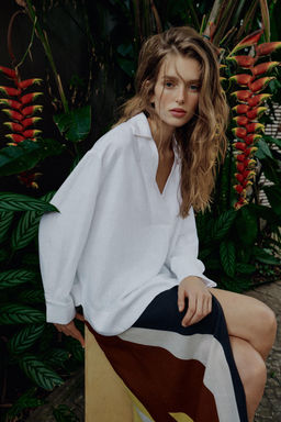 BLUSA CON LINO CUELLO POLO / Blanco - Zara фото 15