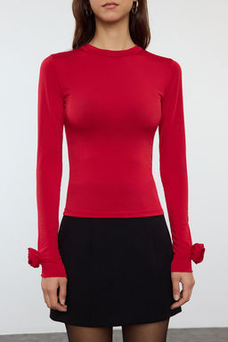 K?rm?z? Gul Detayl? Fitted/Vucuda Oturan Uzun Kollu Esnek Orme Bluz TWOAW25BZ00173 - Trendyolmilla фото 3