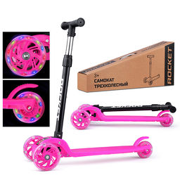 Самокат трёхколёсный ROCKET колёса световые PU, цвет розовый