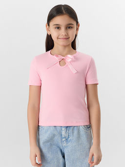 Футболка для девочек розовая с декоративным бантиком