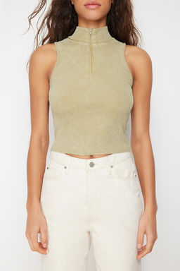 Trendyolmilla Haki Eskitme/Soluk Efektli Fitted Fermuarl? Fitilli Pamuklu Esnek Orme Bluz TWOSS24BZ00036 фото 4