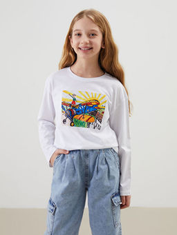 Bisiklet Yaka Bask?l? Unisex ?ocuk Ti??rt