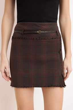 Bordo A-line/Can Kal?p Ekoseli Dokuma Mini Etek TWOSS26ET00035 - Trendyolmilla фото 3