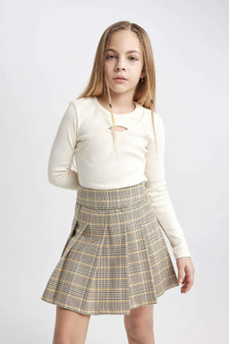 Облегающая футболка с круглым вырезом и длинными рукавами в рубчик для девочек - Defacto фото 3