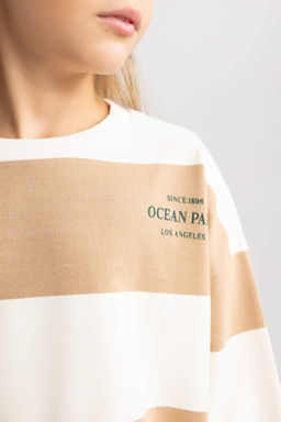 Полосатый свитшот оверсайз с круглым вырезом для девочек - Defacto фото 4