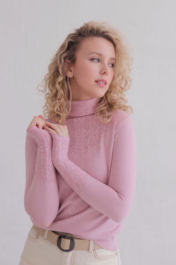 12208 Свитер с ажурной кокеткой пудровый - Martichelli фото 12