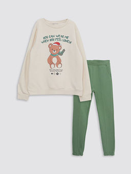 Bisiklet Yaka Y?lba?? Temal? Uzun Kollu K?z ?ocuk Sweatshirt ve E?ofman Alt?