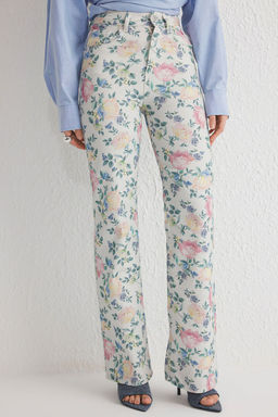 Cok Renkli Cicek Desenli Yuksek Bel Wide Leg Jeans TWOSS25JE00167 - Trendyolmilla фото 3