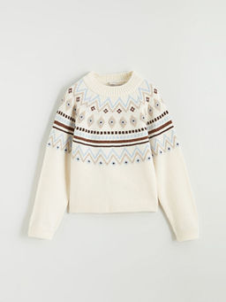 Bisiklet Yaka Desenli K?z ?ocuk Triko Kazak