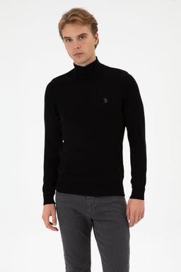 Erkek Slim Fit Bo_azl_ Siyah Basic Kazak