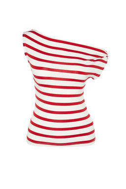 K?rm?z? Cizgili Kay?k Yaka Fitted Viskoz/Yumusak Kumasl? Esnek Orme Bluz TWOSS24BZ00090