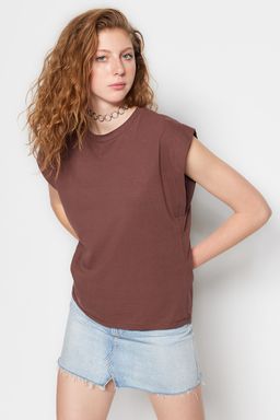 Kahverengi %100 Pamuk Vatka Gorunumlu Basic Bisiklet Yaka Orme T-Shirt TWOSS20TS0021