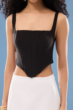Siyah Ask?l? Korse Crop Dokuma Bluz TWOSS23BZ00938