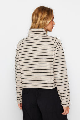 Ac?k Bej Cizgili Selanik Fermuarl? Dik Yaka Regular/Normal Kal?p Orme Sweatshirt TWOAW22SW0732