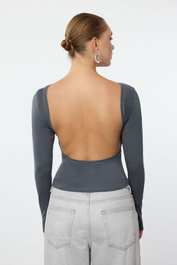 Trendyolmilla Saks Derin S?rt Dekolteli Fitted/Vucuda Oturan Pamuklu Esnek Orme Bluz TWOAW24BZ00173  фото 13