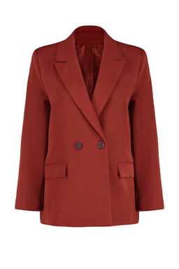 Bordo Kiremit Oversize Duz Kesim Basic Kruvaze Dokuma Blazer Ceket TWOSS24BC00028