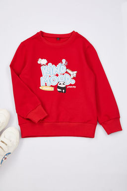 K?rm?z? K?z Cocuk Desenli Bisiklet Yaka Slogan Orme Sweatshirt TKDAW25SW00041