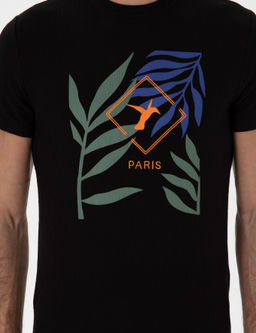 Siyah Slim Fit Bisiklet Yaka Desenli T-shirt