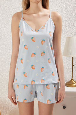 Trendyolmilla Yesil %100 Pamuklu Cilek Desenli Sortlu Orme Pijama Tak?m? THMSS25PT00066  фото 4