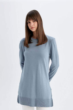 Свитер-туника стандартного кроя с круглым вырезом - Defacto фото 3