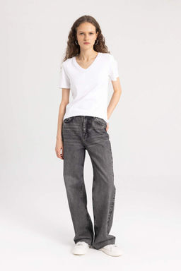 Базовая футболка в рубчик с короткими рукавами приталенного кроя и V-образным вырезом - Defacto фото 2