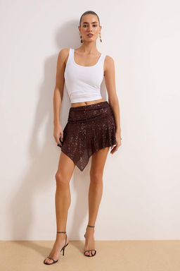Kahverengi Asimetrik Kesim Buzgulu Super Mini Payet Etek TPRSS26ET00007