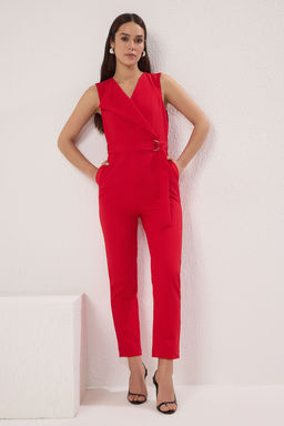 TRENDYOLMILLA K?rm?z? Kruvaze Yaka Baglama Detayl? Dokuma Tulum TWOSS20TU0019