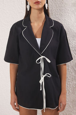 Trendyolmilla Siyah Dokuma Baglama Detayl? 100% Pamuk Plaj Gomlek TBESS25GO00025  фото 3