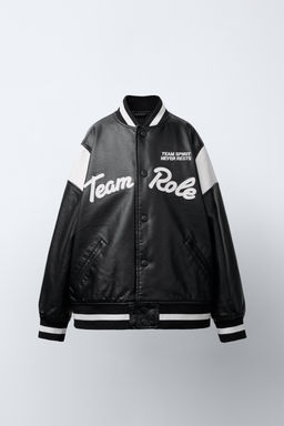 FAUX LEATHER BOMBER JACKET WITH EMBROIDERED TEXT