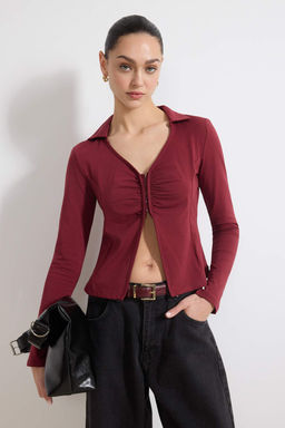 Bordo Fitted/Vucuda Oturan Polo Yaka Agrafl? Buzgulu Pamuklu Esnek Orme Bluz TWOSS26BZ00098