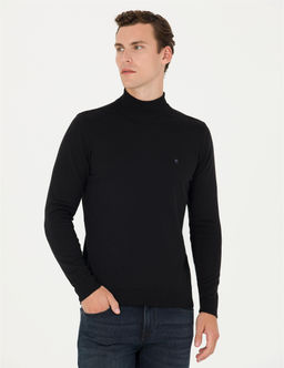 Siyah Slim Fit Yar_m Bal_k__ Yaka Basic Triko Kazak