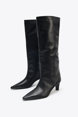 LEATHER KITTEN HEEL BOOTS - Zara фото 8