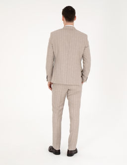 Bej Slim Fit Y_n Keten Kar___ml_ _izgili Tak_m Elbise