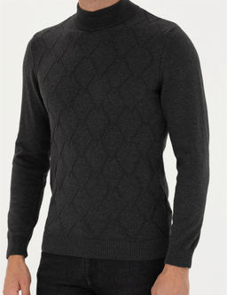Antrasit Melanj Slim Fit Yar_m Bal_k__ Yaka Triko Kazak