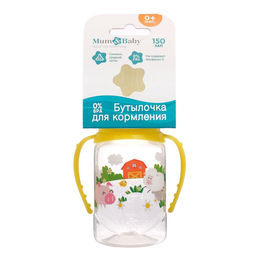 Бутылочка для кормления M&B «Весёлая ферма», классическое горло, с ручками, от 0 мес., 150 мл., жёлтый