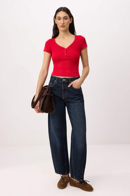 Ekru Fitted/Vucuda Oturan V Yaka K?sa Kollu Pamuk Ribana Orme T-Shirt TWOSS26TS00125 - Trendyolmilla фото 10