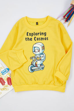 Sar? Erkek Cocuk Mevsimlik-Ince Uzay Desenli Bisiklet Yaka Orme Sweatshirt TKDAW25SW00005