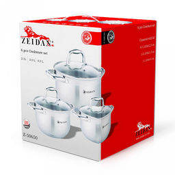 "Zeidan" Набор кастрюль из нержавеющей стали 3 штуки: 2,1л д16см; 3,0л д18см; 4,0л д20см, комбинированная полировка снаружи, глянцевая полировка внутри, стеклянная крышка, 5-и степовое капсулированное индукционное дно, мерная шкала, подарочная коробк