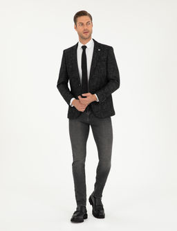 Siyah Y_n Kar___ml_ Ex. Slim Fit Ceket