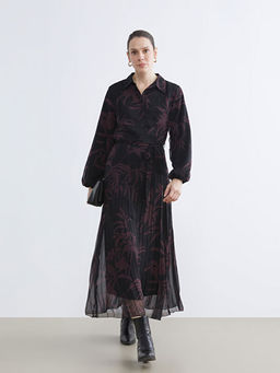 G?mlek Yaka ?i?ekli Pileli ?ifon Elbise