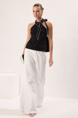 Trendyolmilla Siyah Boyundan baglamal? Kontrast Biye Detayl? Esnek Orme Bluz TWOSS25BZ00267  фото 2
