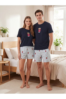 Unisex Lacivert-Mavi Regular Fit Ay_c_k Bask_l_ _rme _ortlu Pijama Tak_m_ TMNSS24PT00034