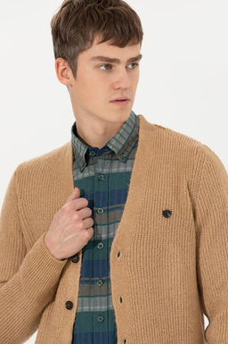 U. S. Polo Assn Мужской кардиган из меланжевого трикотажа светло-коричневого цвета